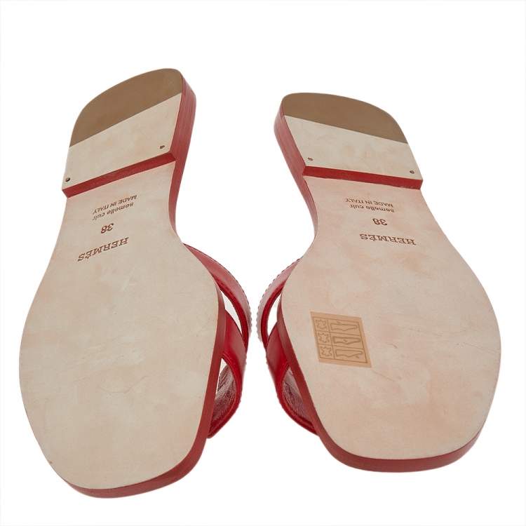 Pre Owned Hermes Red Leather Oran Flat Sandals Size 38