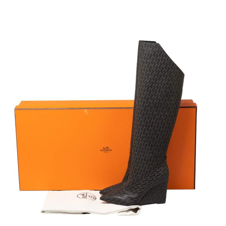 Pre Owned Hermes Grey/Black Monogram Leather Wedge Over The Knee Boots Size 37