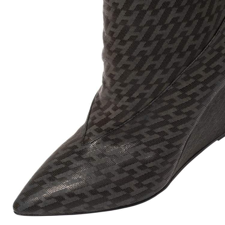 Pre Owned Hermes Grey/Black Monogram Leather Wedge Over The Knee Boots Size 37