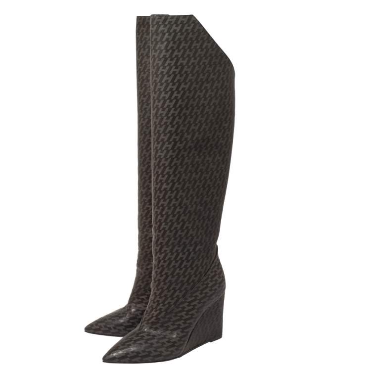 Pre Owned Hermes Grey/Black Monogram Leather Wedge Over The Knee Boots Size 37
