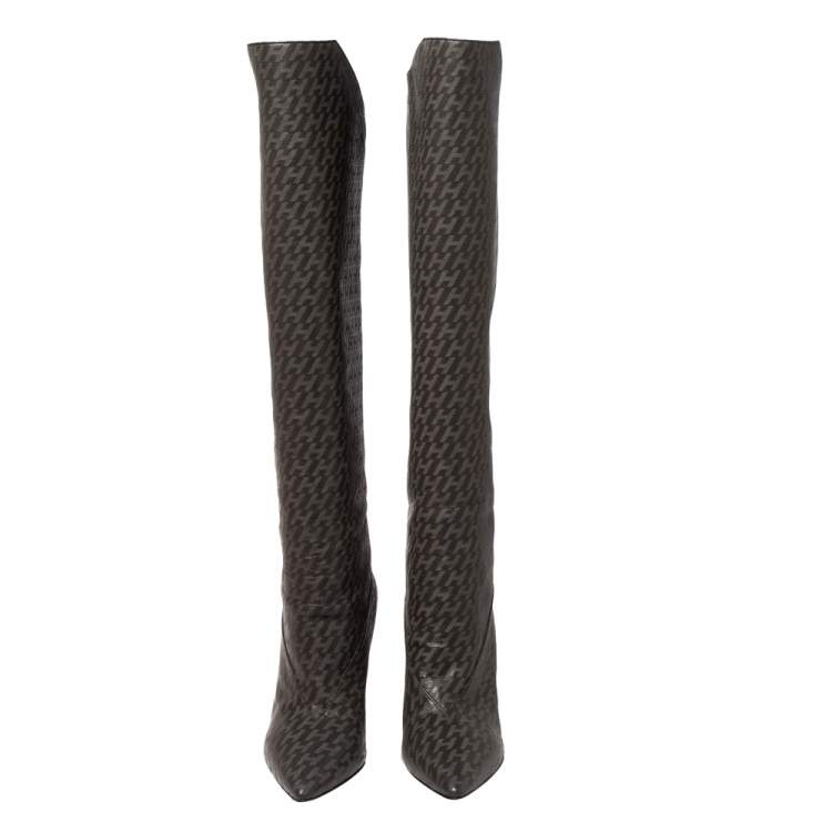 Pre Owned Hermes Grey/Black Monogram Leather Wedge Over The Knee Boots Size 37