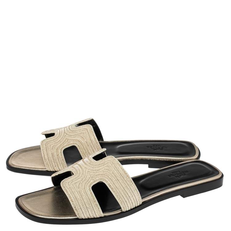 Pre Owned Hermes Gold Suede  Embellished Oran  Sandals Size 40.5