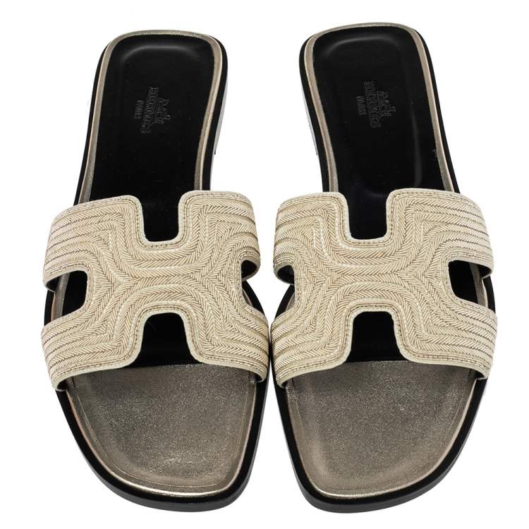 Pre Owned Hermes Gold Suede  Embellished Oran  Sandals Size 40.5