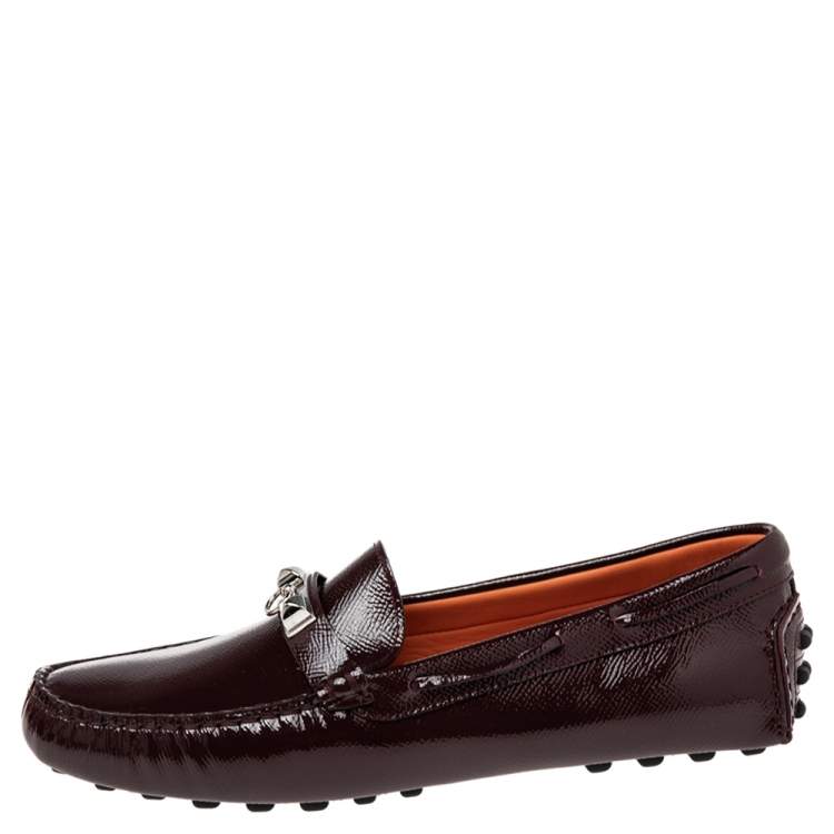 Pre Owned Hermes Burgundy Patent Leather Irving Slip On Loafers Size 40