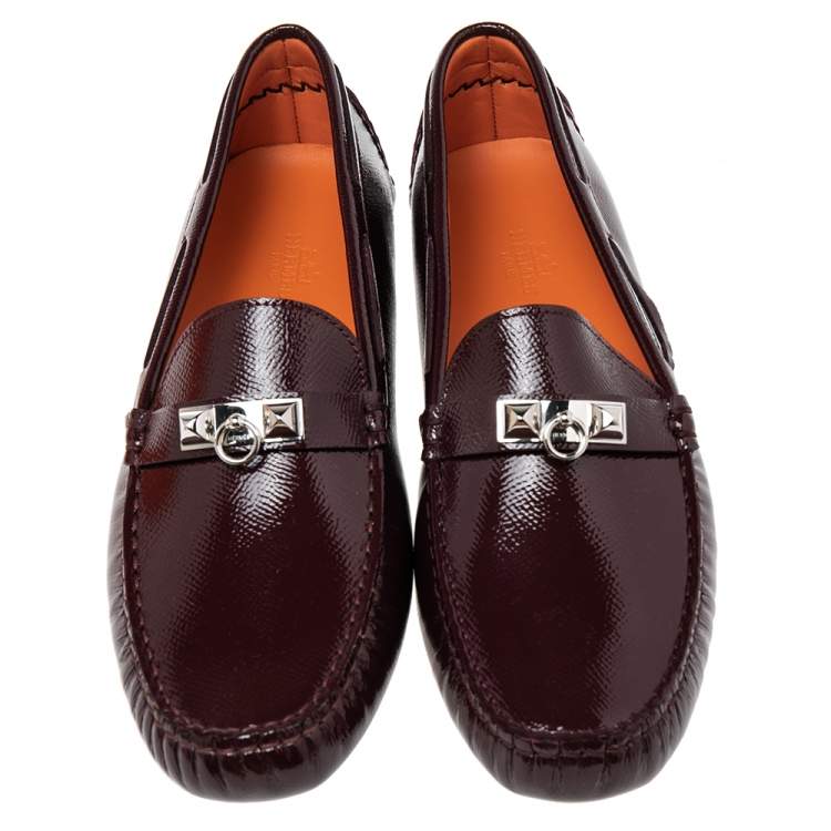 Pre Owned Hermes Burgundy Patent Leather Irving Slip On Loafers Size 40