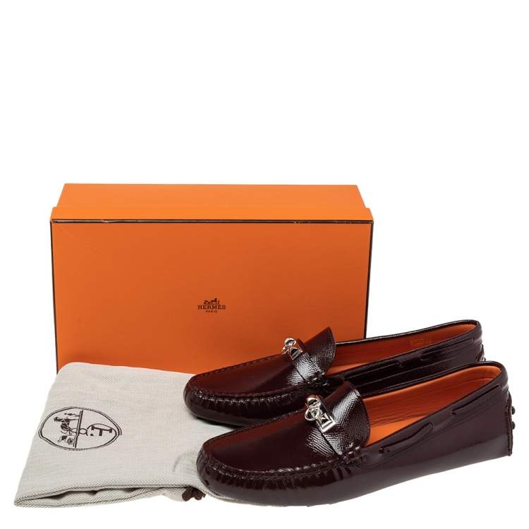 Pre Owned Hermes Burgundy Patent Leather Irving Slip On Loafers Size 40