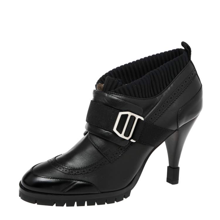 Pre Owned Hermes Black Leather And Fabric Buckle Ankle Boots Size 37