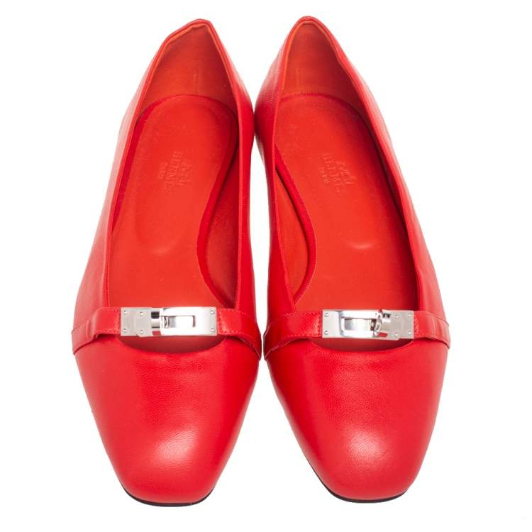 Pre Owned Hermes Red Leather Ballet Flats Size 38