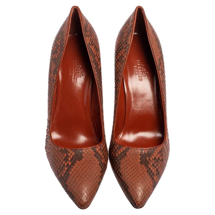 Pre Owned Hermés Cinnamon Brown Python Leather Brique Pointed-Toe Pumps Size 37