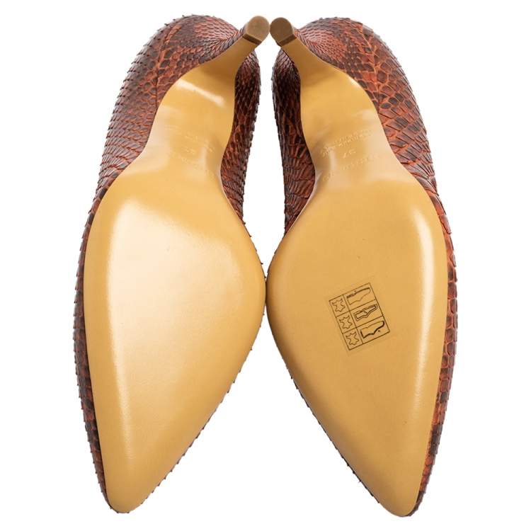 Pre Owned Hermés Cinnamon Brown Python Leather Brique Pointed-Toe Pumps Size 37