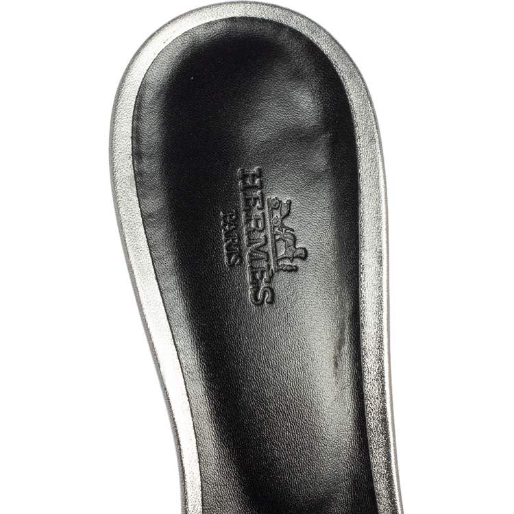 Pre Owned Hermés Metallic Grey Leather Oasis Slide Sandals Size 40