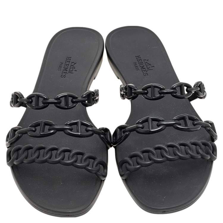 Pre Owned Hermes Black Rubber D'ancre Chaine Rivage Flat Sandals Size 36