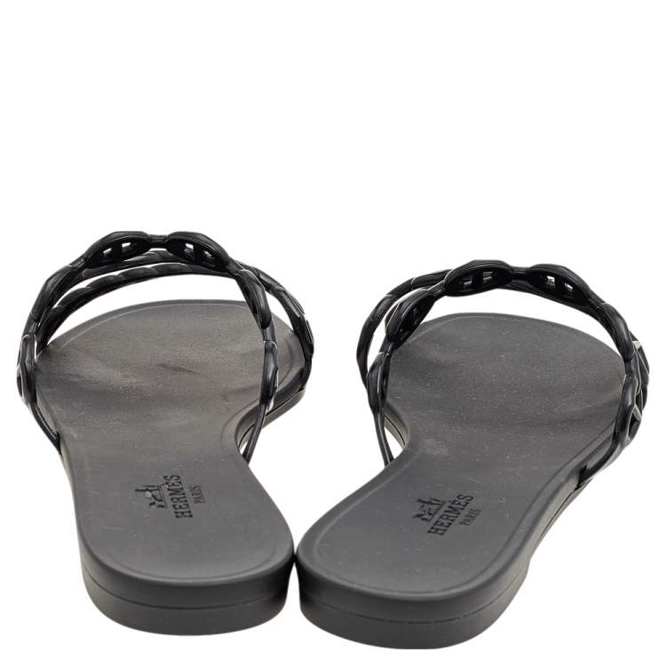 Pre Owned Hermes Black Rubber D'ancre Chaine Rivage Flat Sandals Size 36