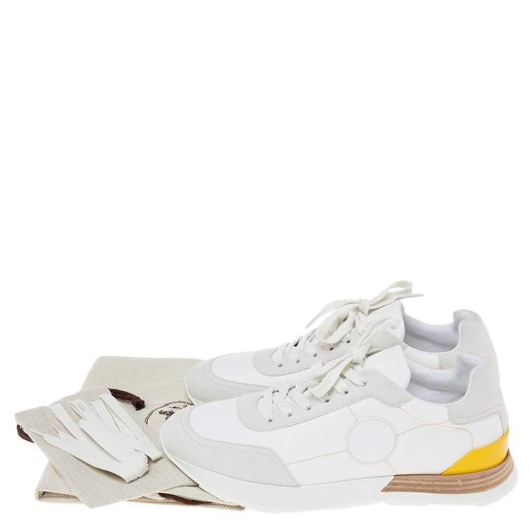 Pre Owned Hermes White/Grey Fabric And Suede Miles Lace Up Sneakers Size 39
