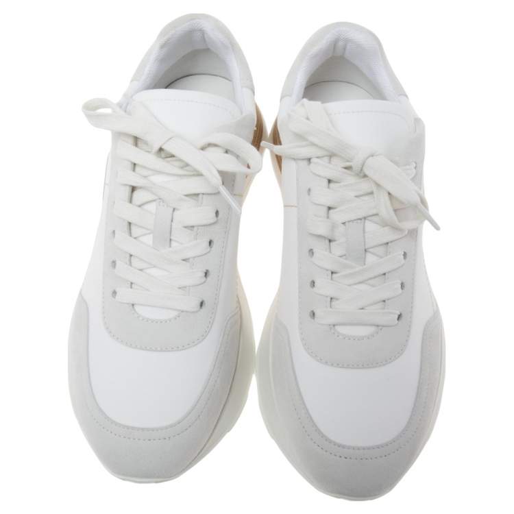 Pre Owned Hermes White/Grey Fabric And Suede Miles Lace Up Sneakers Size 39