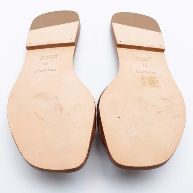 Pre Owned Hermes Brown Leather Oran Flat Slides Size 41