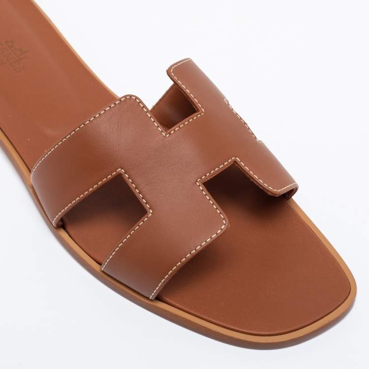 Pre Owned Hermes Brown Leather Oran Flat Slides Size 41