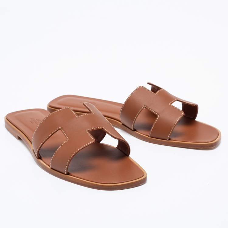 Pre Owned Hermes Brown Leather Oran Flat Slides Size 41