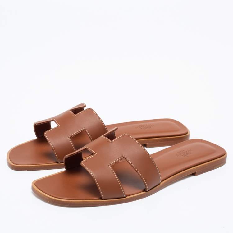 Pre Owned Hermes Brown Leather Oran Flat Slides Size 41