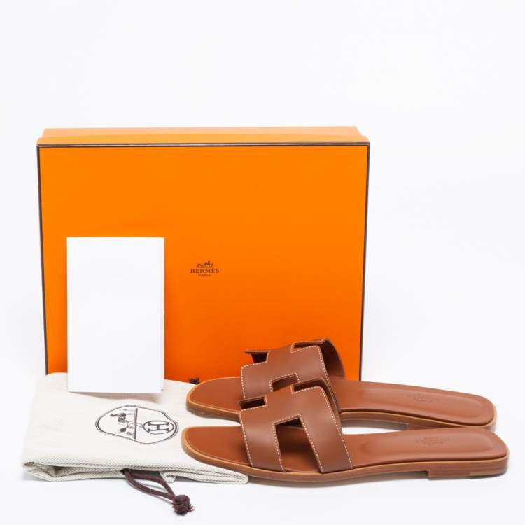 Pre Owned Hermes Brown Leather Oran Flat Slides Size 41