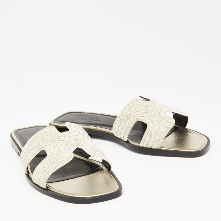 Pre Owned Hermes Beige Fabric Oran Dabka Embroidery Flat Slides Size 37