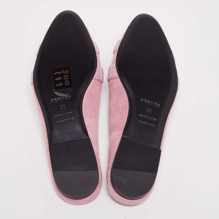 Pre Owned Hermes Pink Glitter And  Suede Roxane Mule Flats Size 36