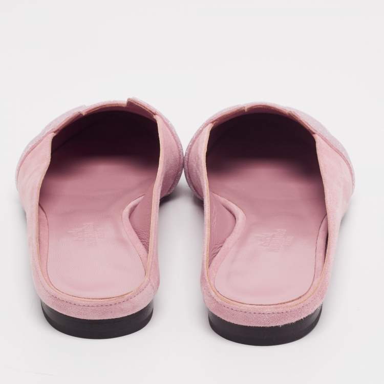 Pre Owned Hermes Pink Glitter And  Suede Roxane Mule Flats Size 36