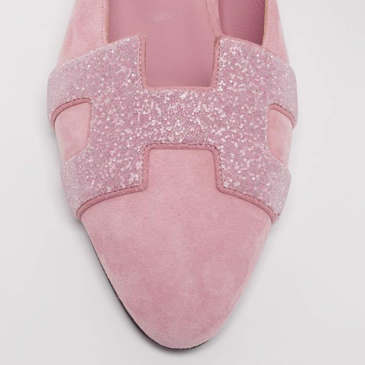 Pre Owned Hermes Pink Glitter And  Suede Roxane Mule Flats Size 36
