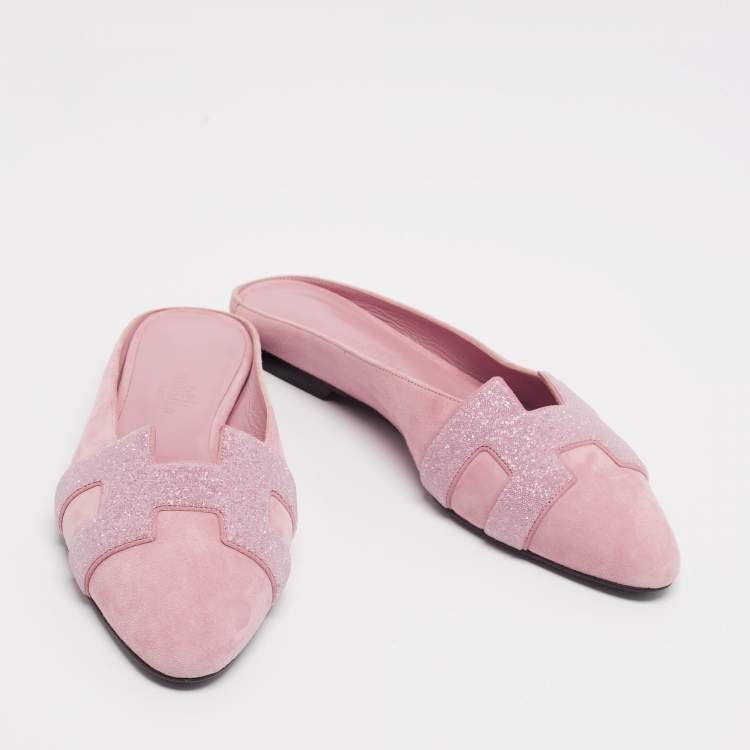 Pre Owned Hermes Pink Glitter And  Suede Roxane Mule Flats Size 36