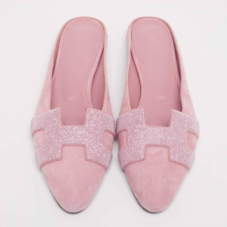 Pre Owned Hermes Pink Glitter And  Suede Roxane Mule Flats Size 36