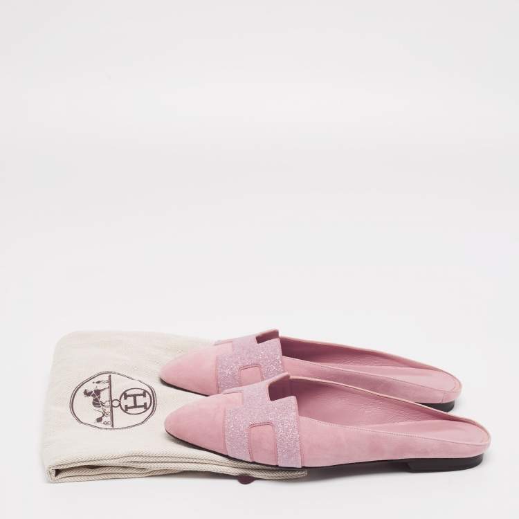 Pre Owned Hermes Pink Glitter And  Suede Roxane Mule Flats Size 36