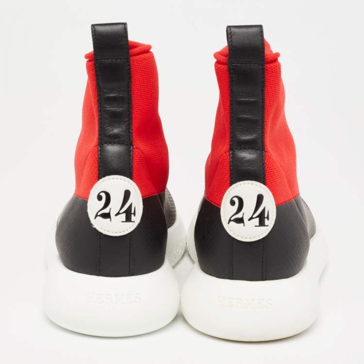 Pre Owned Hermes  Red/Black Fabric And Leather High Top Sneakers Size 37