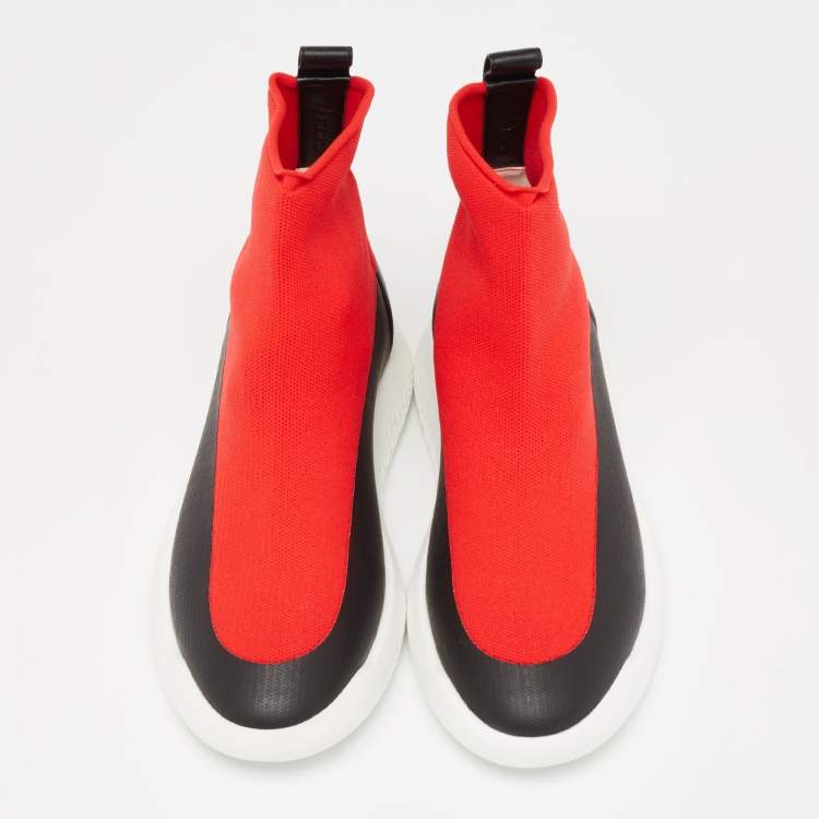 Pre Owned Hermes  Red/Black Fabric And Leather High Top Sneakers Size 37