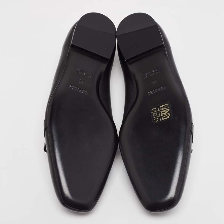 Pre Owned Hermes Black Leather Bilbao Ballet Flats Size 40