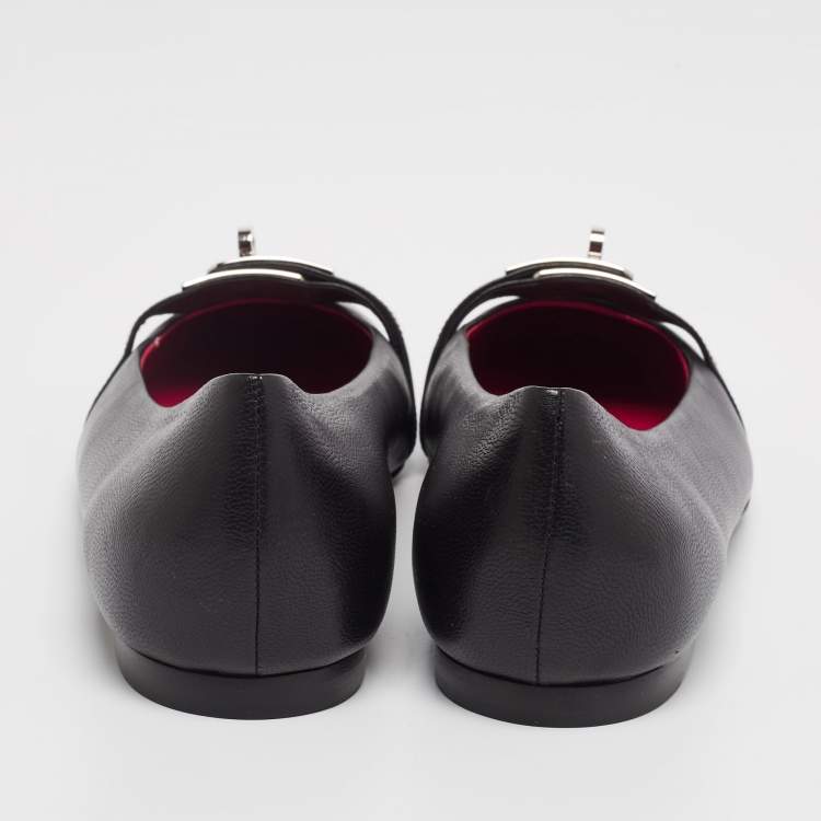 Pre Owned Hermes Black Leather Bilbao Ballet Flats Size 40