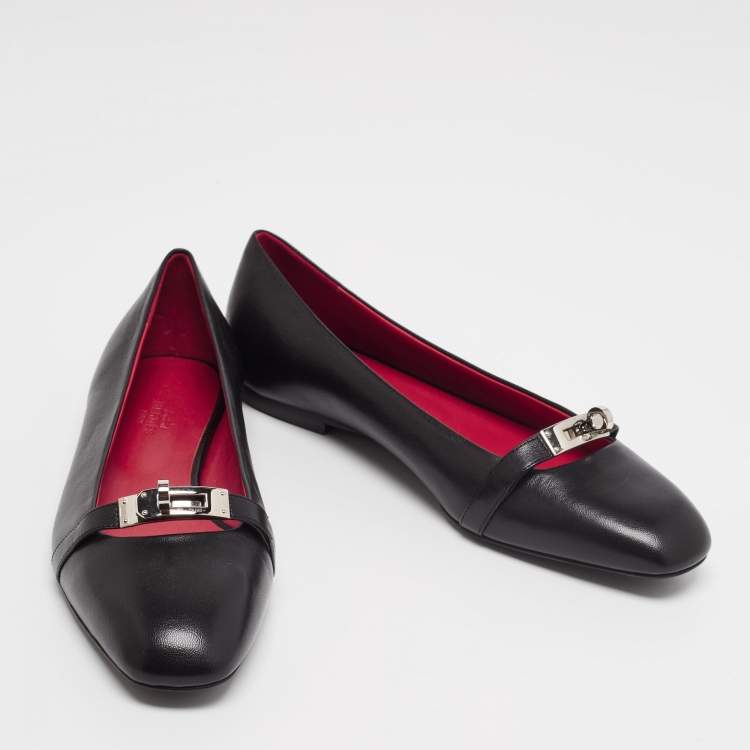 Pre Owned Hermes Black Leather Bilbao Ballet Flats Size 40