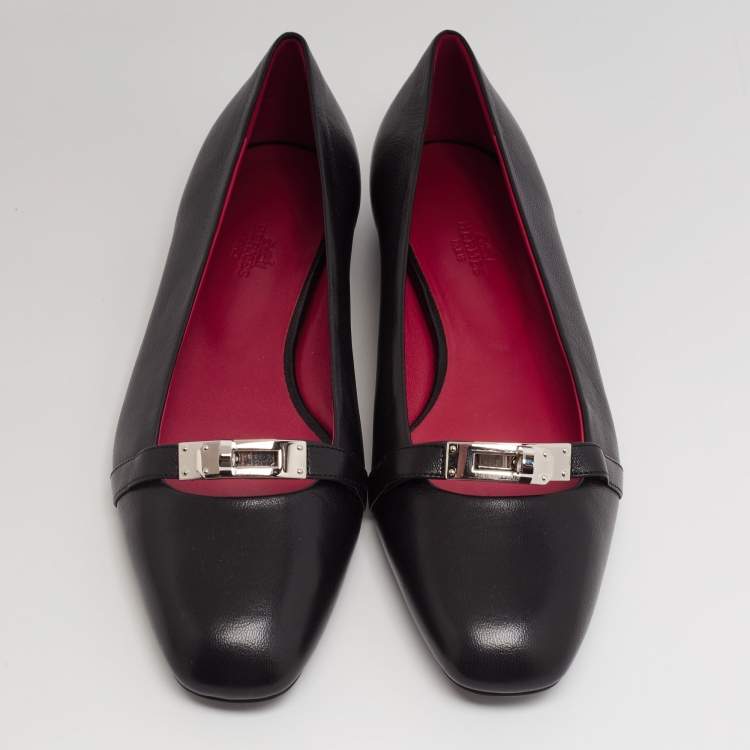 Pre Owned Hermes Black Leather Bilbao Ballet Flats Size 40