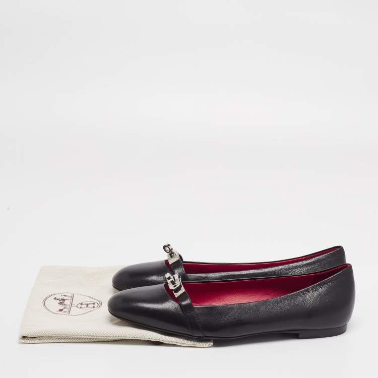 Pre Owned Hermes Black Leather Bilbao Ballet Flats Size 40
