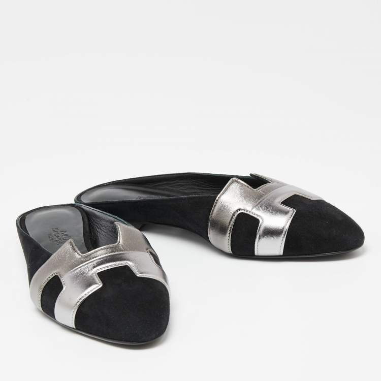 Pre Owned Hermes Black/Metallic Grey Suede and Leather Roxane Flat Mules Size 37