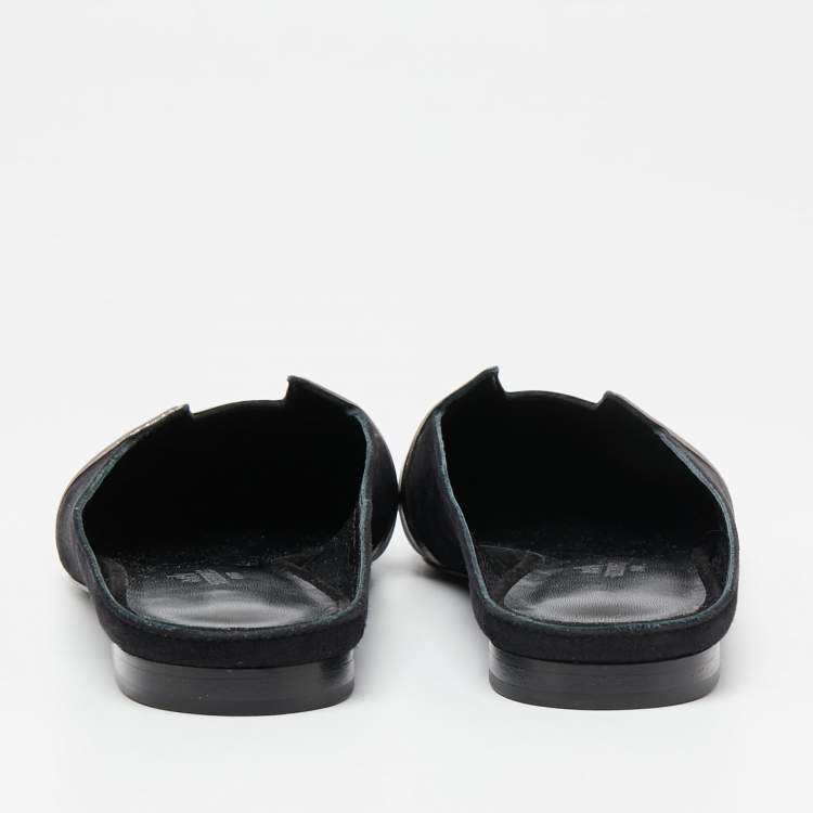 Pre Owned Hermes Black/Metallic Grey Suede and Leather Roxane Flat Mules Size 37
