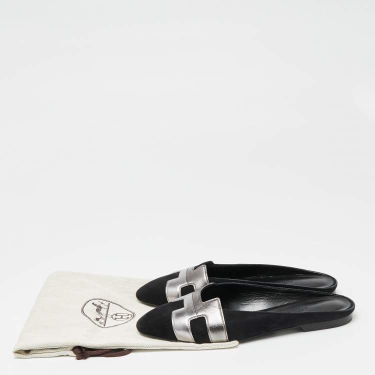 Pre Owned Hermes Black/Metallic Grey Suede and Leather Roxane Flat Mules Size 37