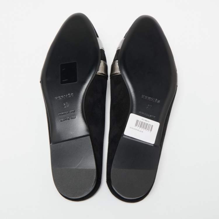 Pre Owned Hermes Black/Metallic Grey Suede and Leather Roxane Flat Mules Size 37