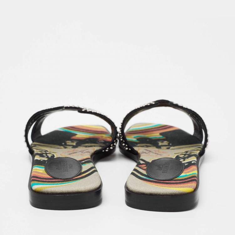 Pre Owned Hermes  Black Suede Studded Oran Sandals Size 37.5