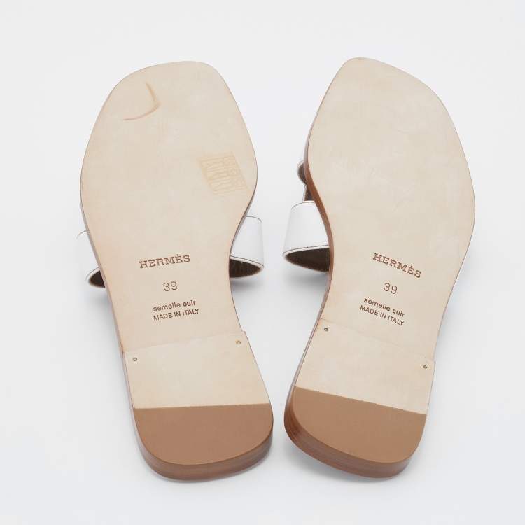Pre Owned Hermes White Leather Oran Flat Slide Sandals Size 39