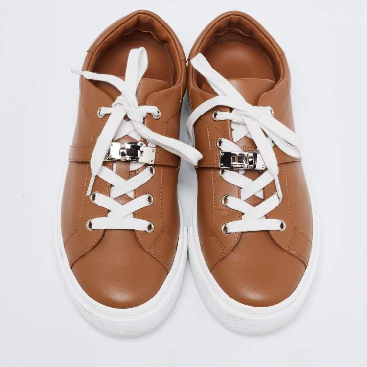 Pre Owned Hermes Tan Leather Day Low-Top Sneakers Size 38.5