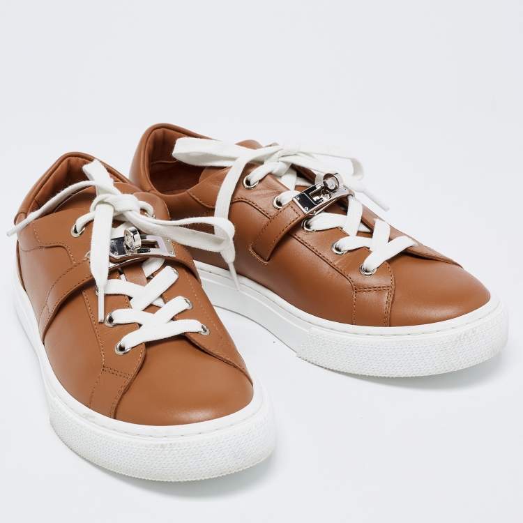 Pre Owned Hermes Tan Leather Day Low-Top Sneakers Size 38.5