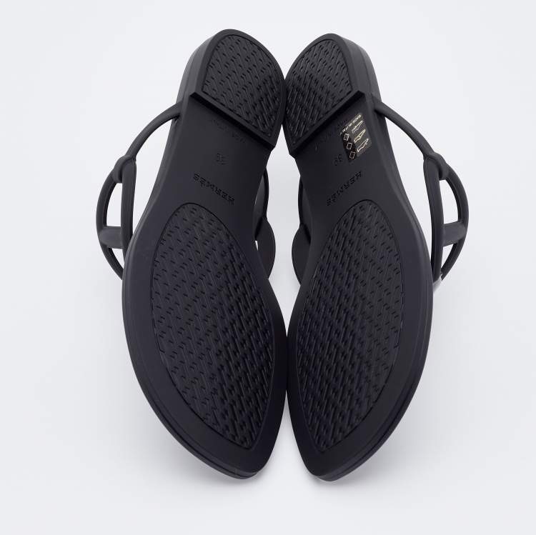 Pre Owned Hermes Black Rubber Chaine d'Ancre Thong Flat Slides Size 39