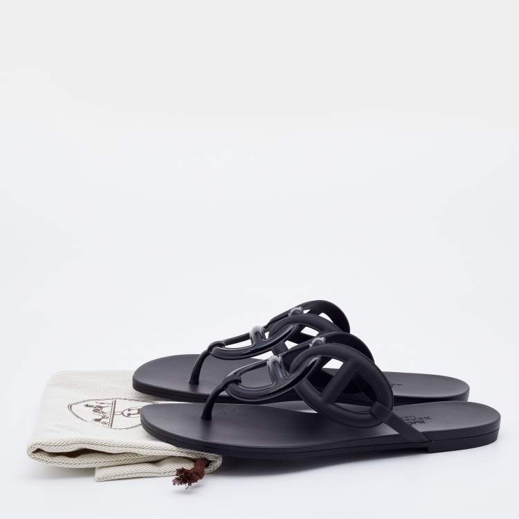 Pre Owned Hermes Black Rubber Chaine d'Ancre Thong Flat Slides Size 39