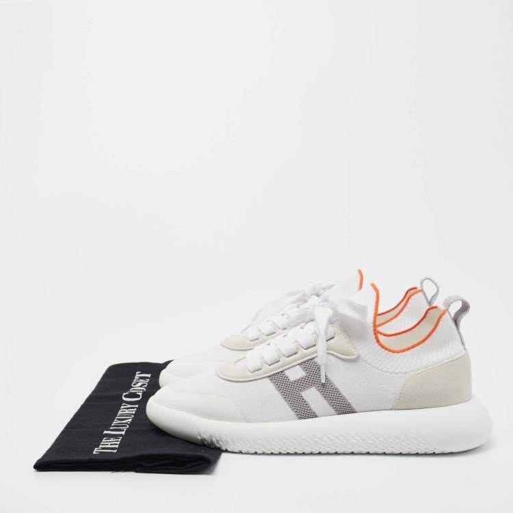 Pre Owned Hermes White Knit Fabric Crew Sneakers Size 39