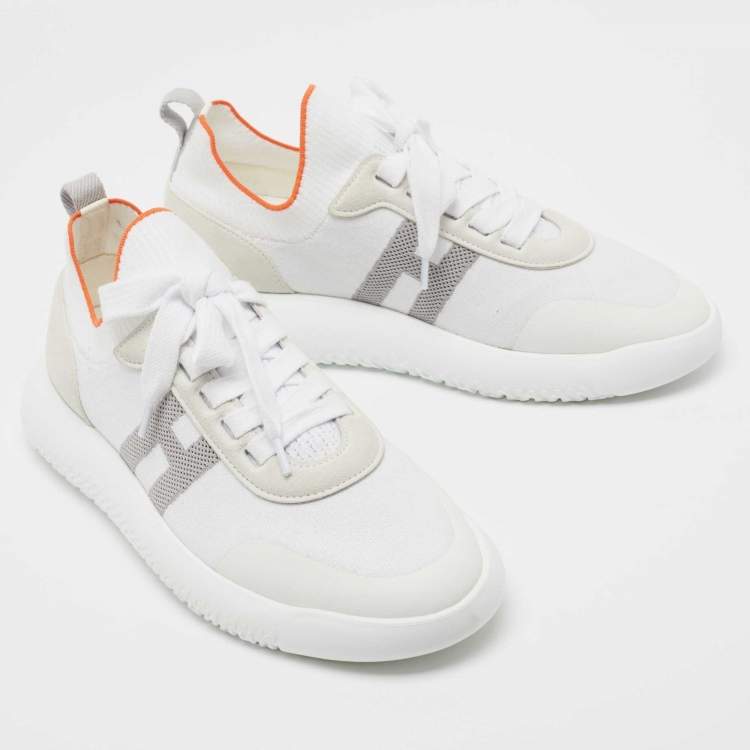 Pre Owned Hermes White Knit Fabric Crew Sneakers Size 39